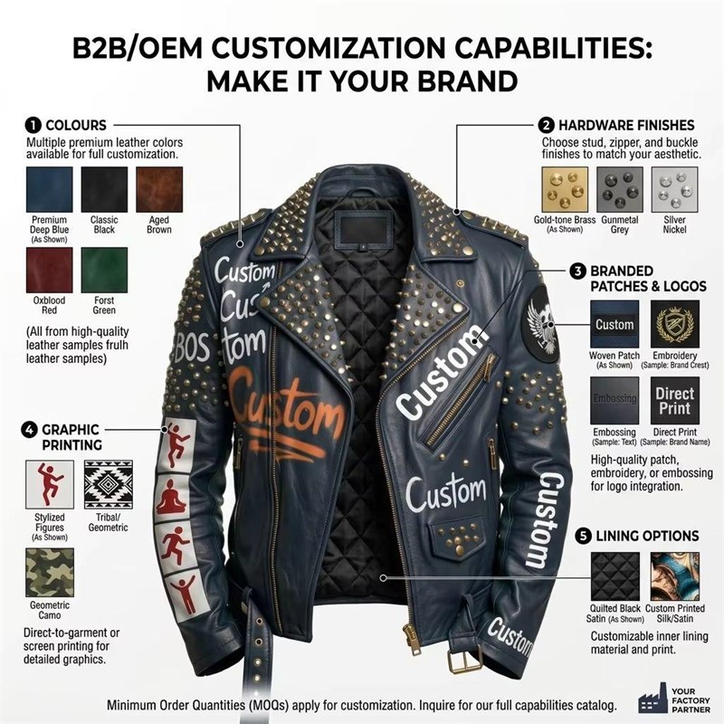 Custom Men's Leather Biker Jacket with Studded & Printed Detailing, Graffiti & Punk Rock