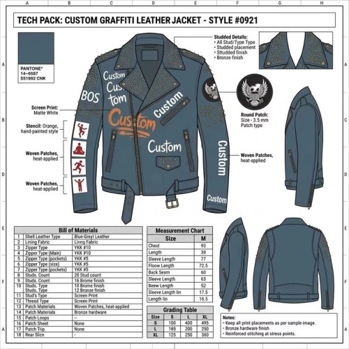 Custom Men's Leather Biker Jacket with Studded & Printed Detailing, Graffiti & Punk Rock