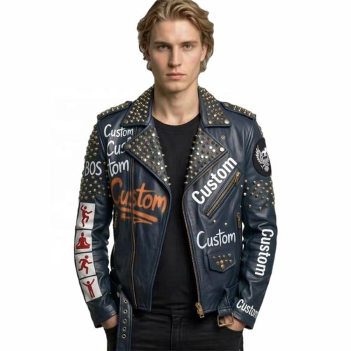 Custom Men's Leather Biker Jacket with Studded & Printed Detailing, Graffiti & Punk Rock