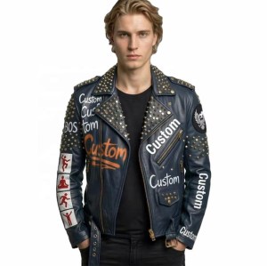 Custom Men's Leather Biker Jacket with Studded & Printed Detailing, Graffiti & Punk Rock