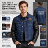 Custom Men's Black & Blue Leather Trucker Jacket with Two Tone Detailing, Denim