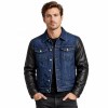 Custom Men's Black & Blue Leather Trucker Jacket with Two Tone Detailing, Denim