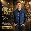 Custom Men's Black & Blue Leather Trucker Jacket with Two Tone Detailing, Denim