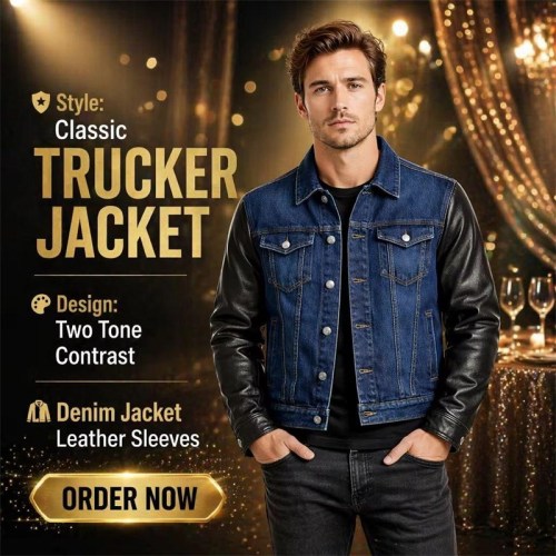 Custom Men's Black & Blue Leather Trucker Jacket with Two Tone Detailing, Denim