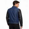Custom Men's Black & Blue Leather Trucker Jacket with Two Tone Detailing, Denim