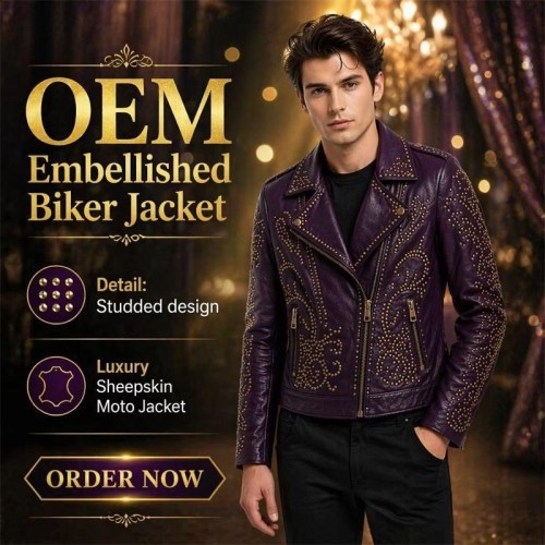 Custom Men's Leather Biker Jacket with Studded Detailing, Custom Made to Order