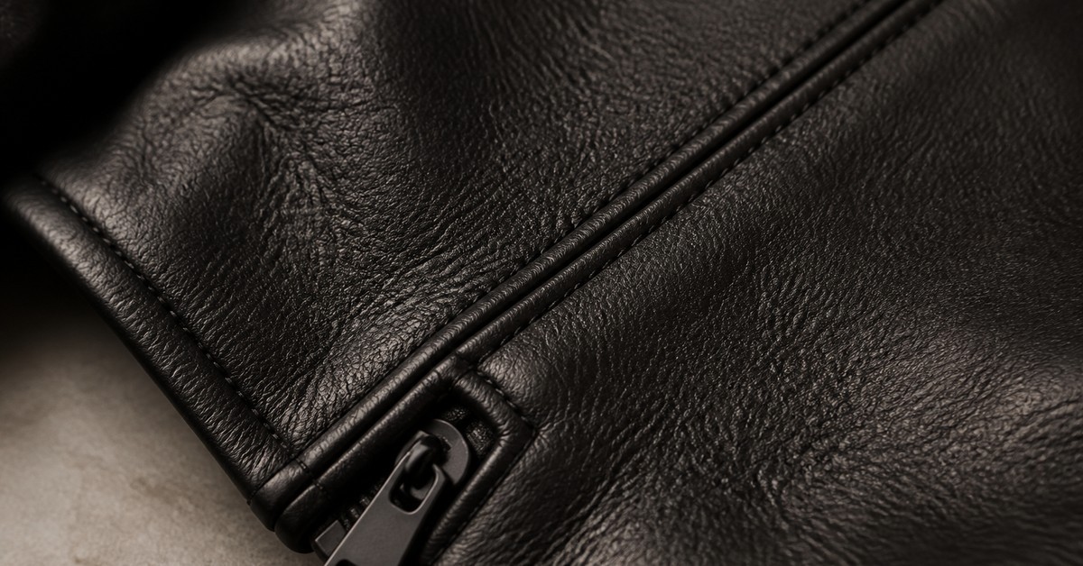 Leather jacket panel stitching detail on a workbench