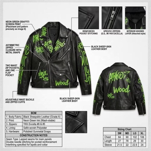 Custom Men's Leather Biker Jacket with Printed Detailing, Graffiti & Punk Rock
