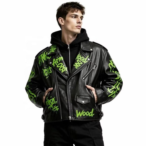 Custom Men's Leather Biker Jacket with Printed Detailing, Graffiti & Punk Rock