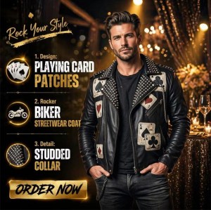 Custom Men's Leather Biker Jacket with Studded & Patchwork Detailing, Rocker & Streetwear