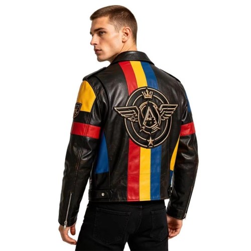 Custom Men's Leather Biker Jacket with Printed & Two Tone Detailing, Streetwear