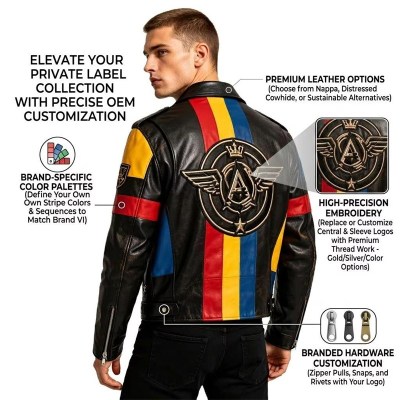 Custom Men's Leather Biker Jacket with Printed & Two Tone Detailing, Streetwear