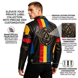 Custom Men's Leather Biker Jacket with Printed & Two Tone Detailing, Streetwear