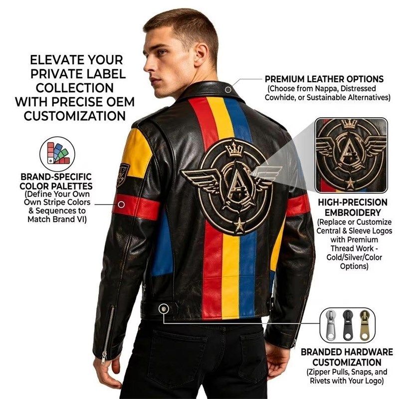 Custom Men's Leather Biker Jacket with Printed & Two Tone Detailing, Streetwear