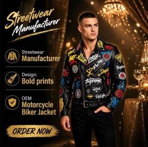 Custom Men's Leather Biker Jacket with Printed & Two Tone Detailing, Streetwear