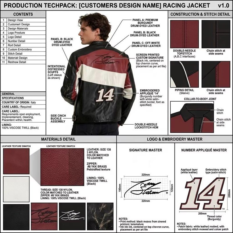 Custom Men's Leather Biker Jacket with Applique & Two Tone Detailing, Retro