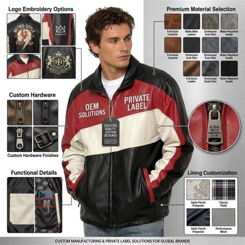 Custom Men's Leather Biker Jacket with Applique & Two Tone Detailing, Retro