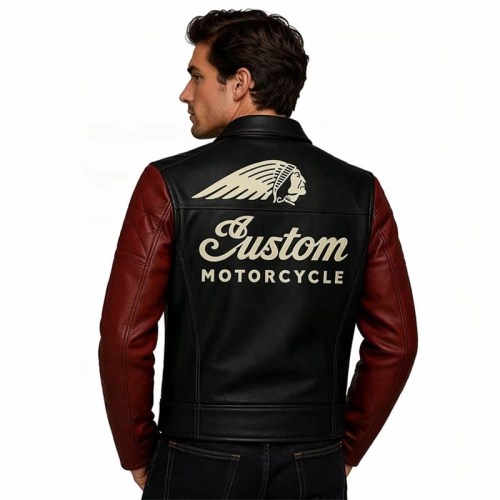 Custom Men's Black & Red Leather Biker Jacket with Two Tone Detailing, Retro