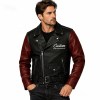 Custom Men's Black & Red Leather Biker Jacket with Two Tone Detailing, Retro