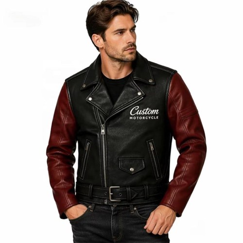 Custom Men's Black & Red Leather Biker Jacket with Two Tone Detailing, Retro