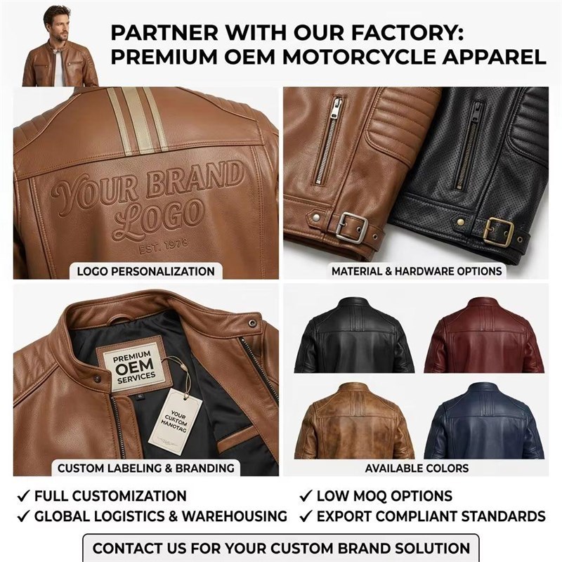 Custom Men's Brown Leather Biker Jacket with Applique Detailing, Retro
