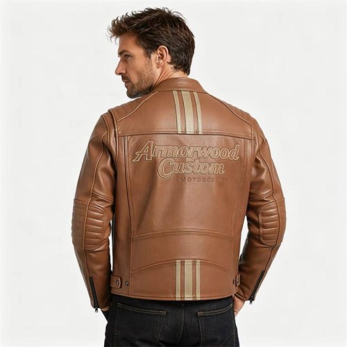 Custom Men's Brown Leather Biker Jacket with Applique Detailing, Retro