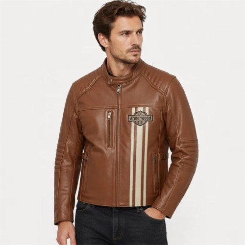 Custom Men's Brown Leather Biker Jacket with Applique Detailing, Retro