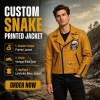Custom Men's Mustard Leather Biker Jacket with Patchwork & Printed Detailing, Skull & Snake