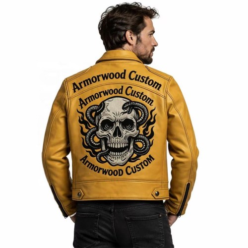 Custom Men's Mustard Leather Biker Jacket with Patchwork & Printed Detailing, Skull & Snake