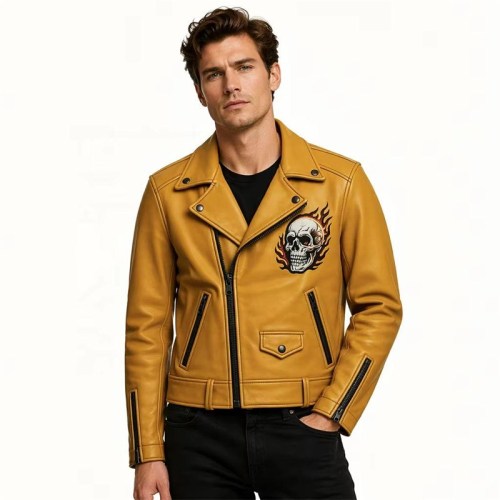 Custom Men's Mustard Leather Biker Jacket with Patchwork & Printed Detailing, Skull & Snake