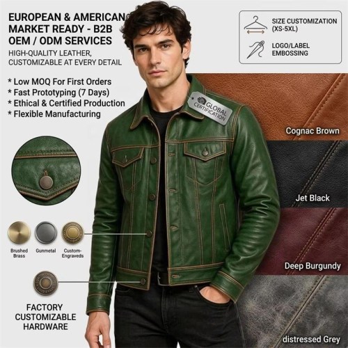 Custom Men's Lambskin Leather Trucker Jacket, Vintage & Slim Fit