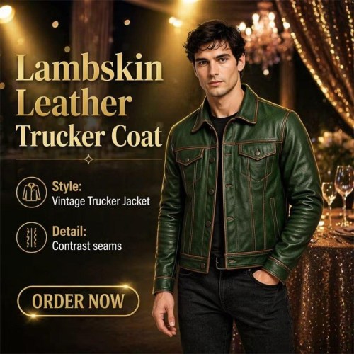 Custom Men's Lambskin Leather Trucker Jacket, Vintage & Slim Fit