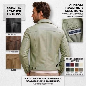 Custom Men's Green Sheepskin Leather Trucker Jacket, Custom Made to Order