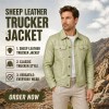 Custom Men's Green Sheepskin Leather Trucker Jacket, Custom Made to Order