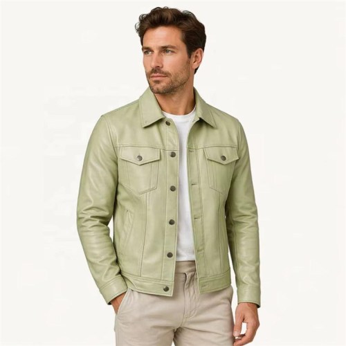 Custom Men's Green Sheepskin Leather Trucker Jacket, Custom Made to Order