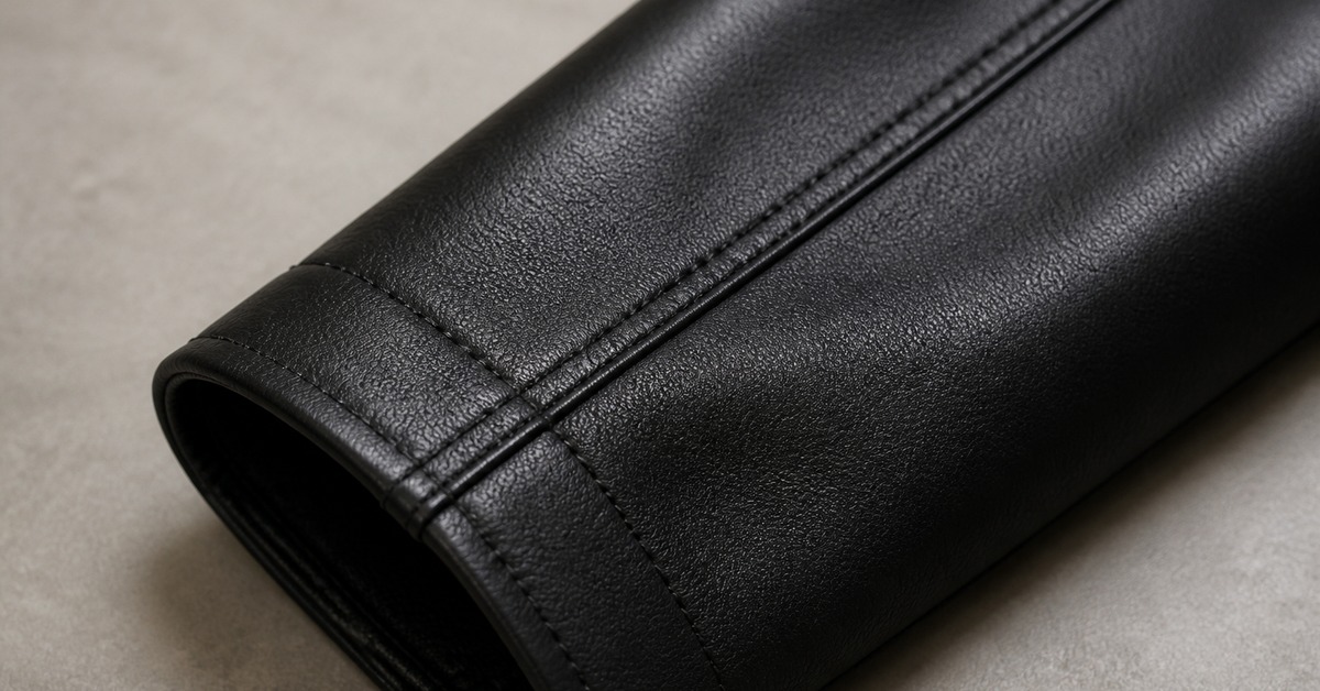Close view of a black leather jacket sleeve seam and cuff stitching on a workbench