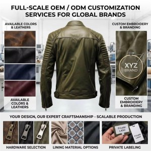 Custom Men's Green Sheepskin Leather Biker Jacket with Quilted Detailing