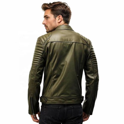 Custom Men's Green Sheepskin Leather Biker Jacket with Quilted Detailing