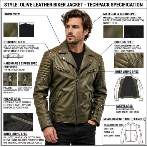 Custom Men's Green Sheepskin Leather Biker Jacket with Quilted Detailing