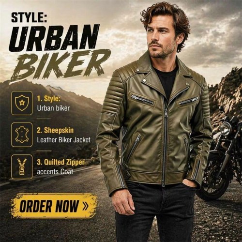Custom Men's Green Sheepskin Leather Biker Jacket with Quilted Detailing