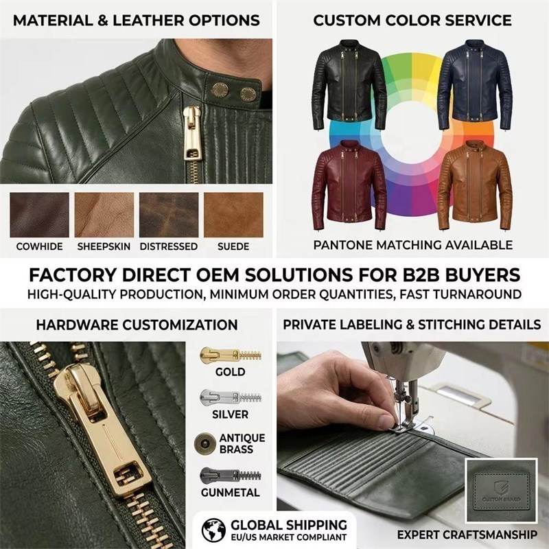 Custom Men's Green Lambskin Leather Biker Jacket with Quilted Detailing