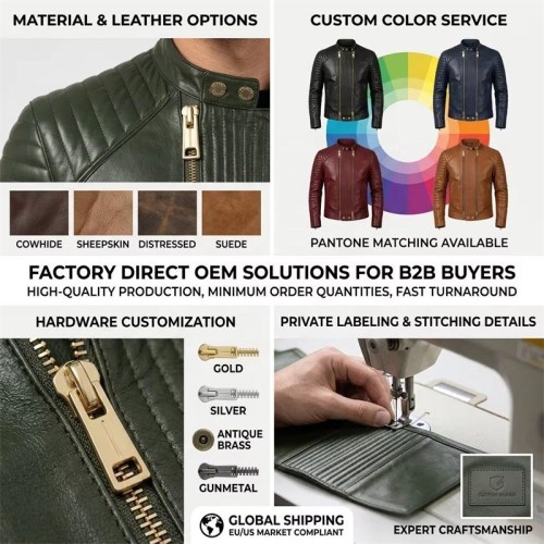 Custom Men's Green Lambskin Leather Biker Jacket with Quilted Detailing