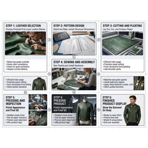 Custom Men's Green Lambskin Leather Biker Jacket with Quilted Detailing