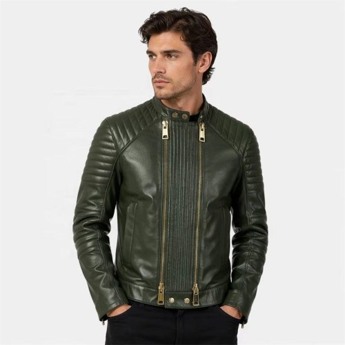 Custom Men's Green Lambskin Leather Biker Jacket with Quilted Detailing