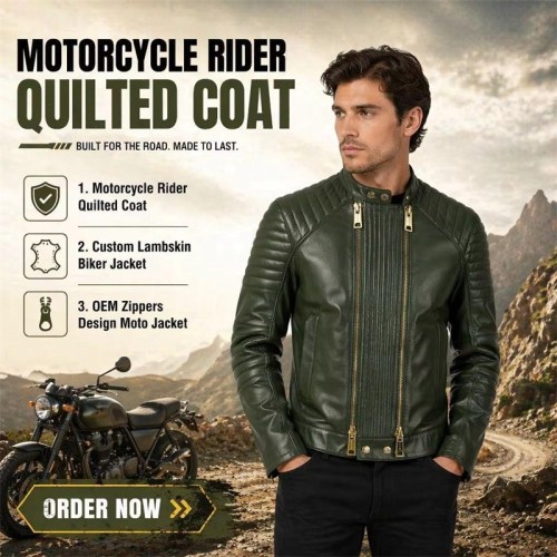 Custom Men's Green Lambskin Leather Biker Jacket with Quilted Detailing