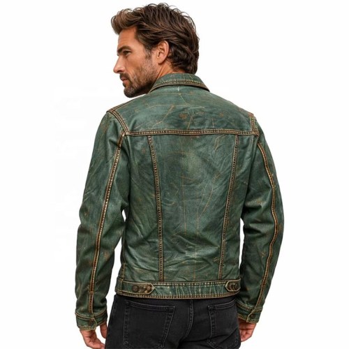 Custom Men's Green Leather Trucker Jacket, Vintage, Custom Made to Order