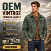 Custom Men's Green Leather Trucker Jacket, Vintage, Custom Made to Order