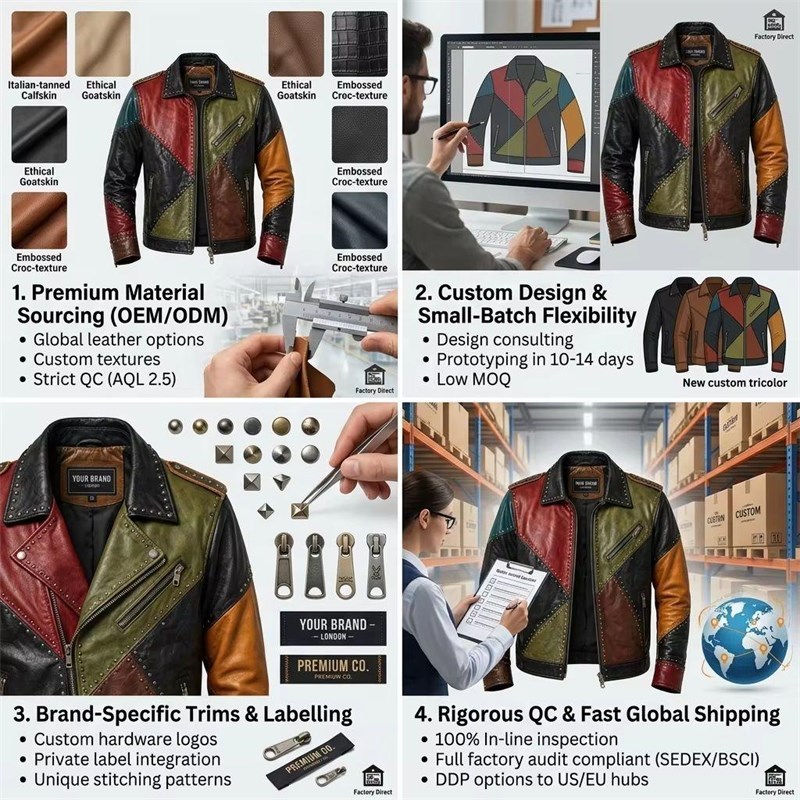 Custom Men's Leather Biker Jacket with Studded & Patchwork Detailing, Vintage
