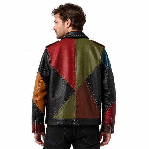 Custom Men's Leather Biker Jacket with Studded & Patchwork Detailing, Vintage