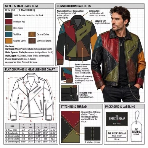 Custom Men's Leather Biker Jacket with Studded & Patchwork Detailing, Vintage